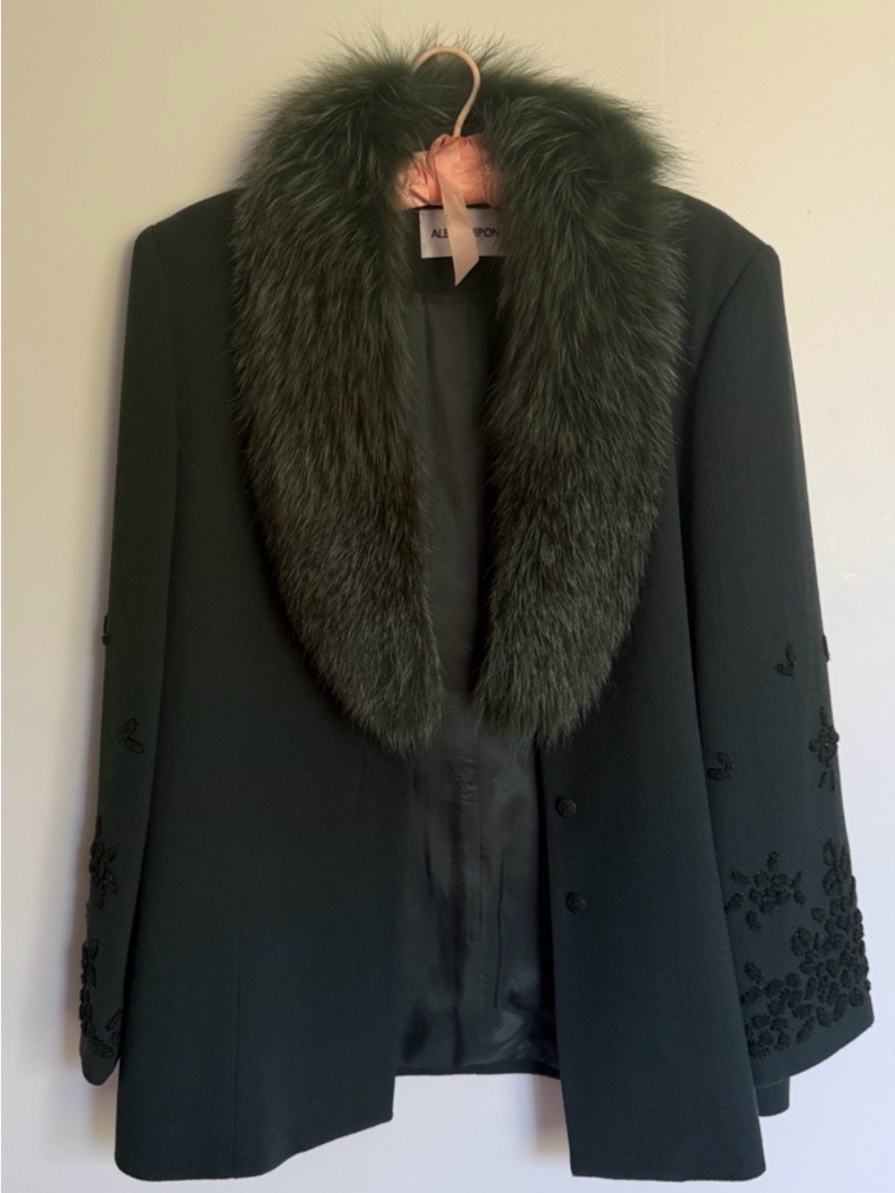 Albert Nipon Dark Green Fox Fur Trim Trench Jacket Coat Embroidered Sleeves